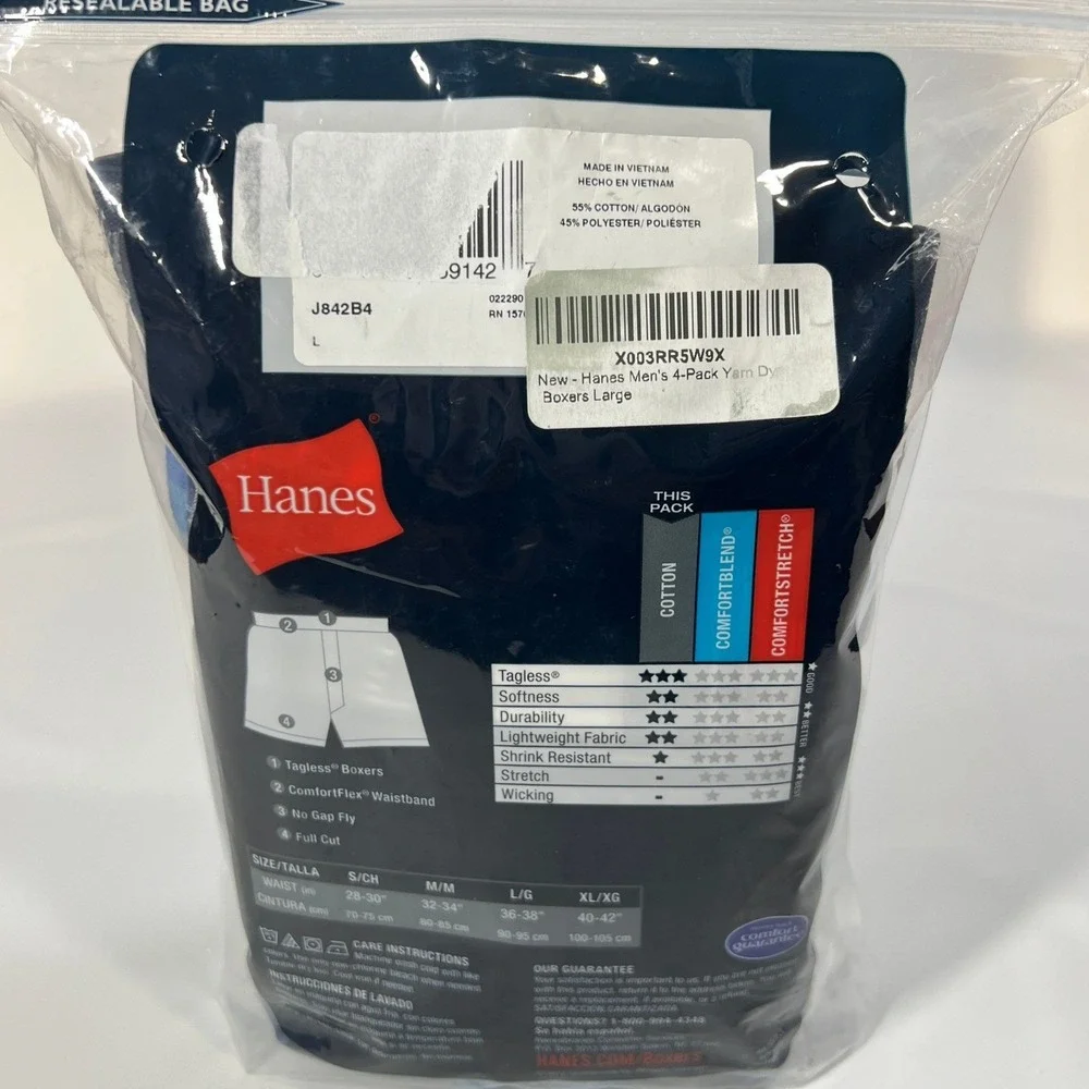Hanes Tagless Boxers Men Large Blue Gray Plaid 4-Pack Yarn Dye ComfortFlex New